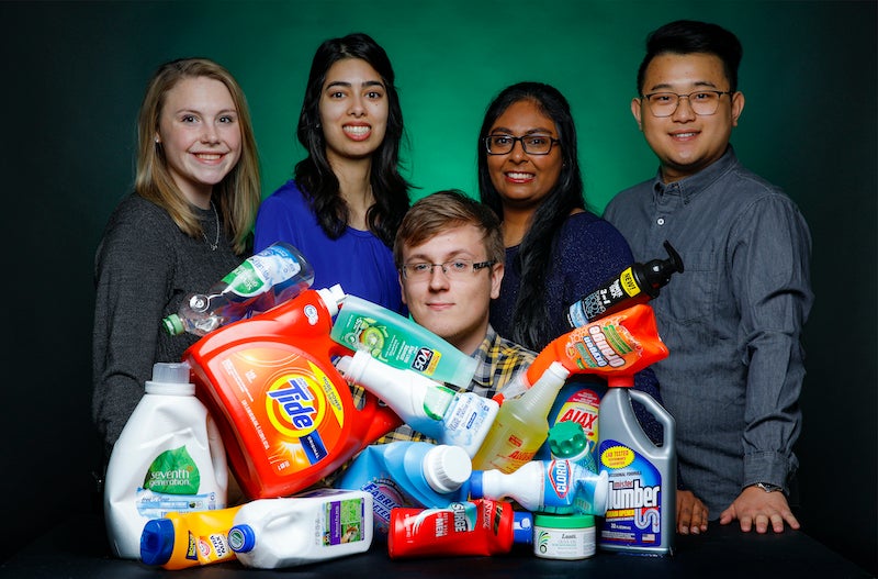 chemical engineering students with plastic waste for their Expo 2020 project